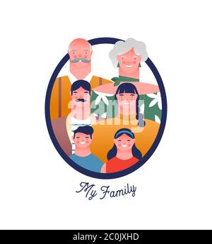 Happy family photo frame with mom, dad, grandparent and children. Families ancestry study or history education concept on isolated white background. Stock Vector