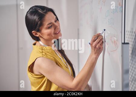 Pretty longhaired woman making notes on board Stock Photo