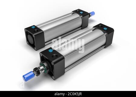 Double-acting pneumatic piston cylinder isolated on white background with reflection - 3D render Stock Photo