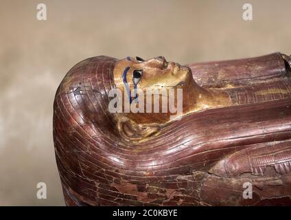 Acient Egyptian sacophagus of Kha -  inner coffin from  tomb of Kha, Theban Tomb 8 , mid-18th dynasty (1550 to 1292 BC), Turin Egyptian Museum. Stock Photo