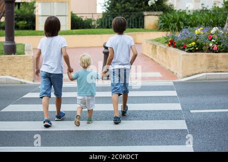 Three children, boys, brothers, holding hands and crossing a street on a striped crosswalk, checking for cars before, safety crossing the street summe Stock Photo