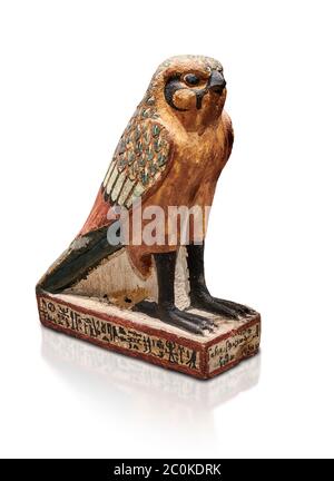 Ancient Egyptian wooden falcon bird, Late Period (722-322 BC), Egyptian Museum, Turin. Cat 986. white background   Wooden tomb models were an Egyptian Stock Photo