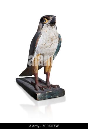 Ancient Egyptian wooden falcon bird, Late Period (722-322 BC). Egyptian Museum, Turin. white background.   Wooden tomb models were an Egyptian funerar Stock Photo