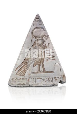 South face of Ancient Egyptian Pyramidion of Ramose with depictionof Horus, Limestone, New Kingdom, 19th Dtnasty (1292-1190 BC), Dier el-Medina. Egypt Stock Photo