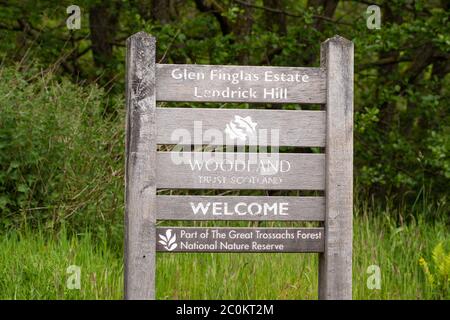 Woodland Trust Scotland sign - Lendrick Hill, Glen Finglas Estate, Part of The Great Trossachs Forest National Nature Reserve, Scotland, UK Stock Photo