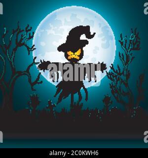 Halloween background with Scary scarecrow in Graveyard Stock Vector