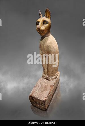 Ancient Egyptian Cat Sarcophagus conating cat mummy, Late to Plolomaic Period, (722-30 BC), Egyptian Museum, Turin.Old Fund Cat 2361. Grey background. Stock Photo