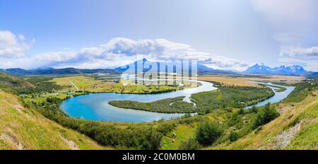 Panoramic view of Serrano River (Río Serrano) from Mirador Rio Serrano in Torres del Paine National Park, Patagonia, southern Chile Stock Photo