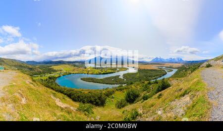 Panoramic view of Serrano River (Río Serrano) from Mirador Rio Serrano in Torres del Paine National Park, Patagonia, southern Chile Stock Photo