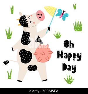 Oh happy day cards with a cute cow catches a butterfly by net Stock Vector