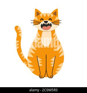 Cute red cat character, sitting with eye closed and meowing Stock Vector