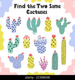 Find two same cactuses logical game for kids Stock Vector