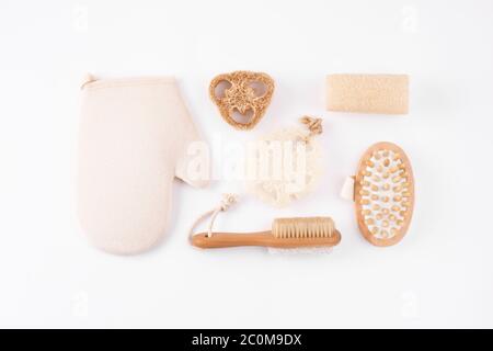 Zero waste cosmetics spa products on white. Set of ecofriendly bathroom accessories Stock Photo