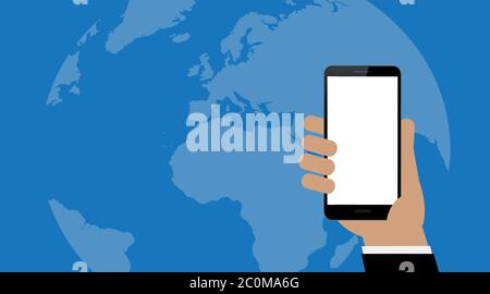 hand hold smartphone on blue earth background vector illustration EPS10 Stock Vector