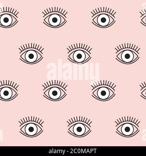 Simple, geometric eye vector pattern in black and white on pink background. Psychedelic style. Modern design element for fabric, wallpapers and poster. Stock Vector