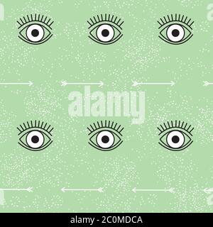 Eye and arrow vector pattern in black and white on green structure background. Psychedelic style. Modern design element for fabric, wallpapers. Stock Vector