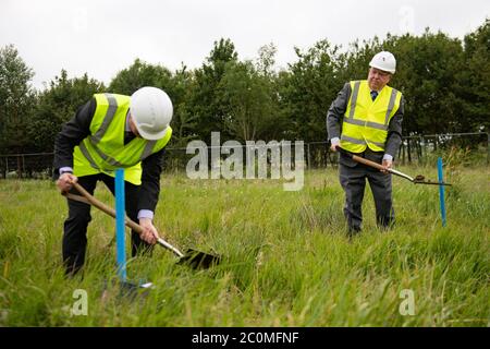 Bryn Hughes (L), the father of Pc Nicola Hughes, and Paul Bone, the father of Pc Fiona Bone, during a groundbreaking ceremony for the new UK Police Memorial at the National Memorial Arboretum in Alreewas, Staffordshire. Stock Photo