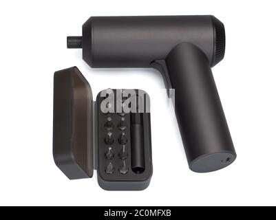 Electric screwdriver and a screw bit set isolated on white background Stock Photo
