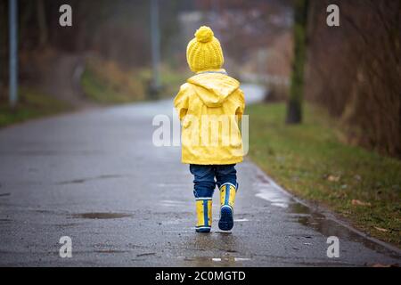 Beautiful funny blonde toddler boy with rubber ducks and colorful umbrella, jumping in puddles and playing in the rain, wintertime Stock Photo