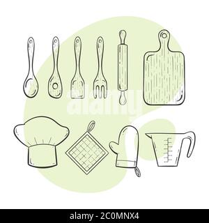 Kitchenware icons vector set. Cute kitchen utensils doodle hand drawn style  Stock Vector Image & Art - Alamy