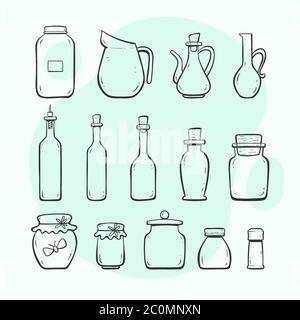 Kitchen utensils. Bottles and jars. Glass bottle, oilcar, wine bottle, water jar. Hand drawn outlined style collection. Stock Vector