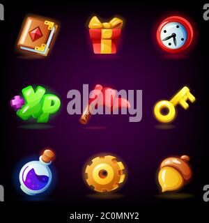 Mobile game icons set isolated on dark background. GUI elements for mobile app, vector illustration pack in cartoon style Stock Vector