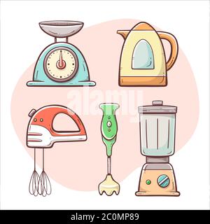 Kitchen appliances. Scale, mixer, electric jug, glass mixer, blender. Hand drawn colorful collection. Stock Vector