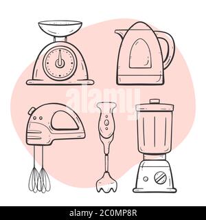 Kitchen appliances. Scale, mixer, electric jug, glass mixer, blender. Doodle outline collection. Stock Vector