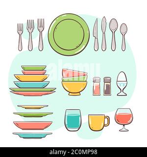 Kitchen utensils. Plates, glasses and cutlery. Hand drawn colorful style collection. Stock Vector