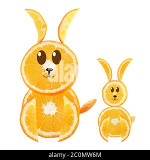 Healthy eating. Funny little rabbits made of the orange slices. Stock Photo