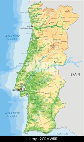 High detailed Portugal physical map with labeling. Stock Vector