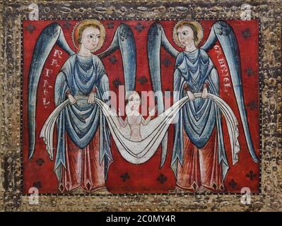 Archangel Raphael and Archangel Gabriel with the baby Jesus depicted in the Romanesque antependium (altar frontal), known as the Antependium of the Archangels dated from the second quarter of the 13th century painted probably by Master of Sant Pau de Casserres (Mestre de Sant Pau de Casserres) painted also murals in the church of Sant Pau de Casserres in the town of Casserres (Berguedà) in Catalonia, Spain, now on display in the National Art Museum of Catalonia (Museu Nacional d'Art de Catalunya) in Barcelona, Catalonia, Spain. Stock Photo