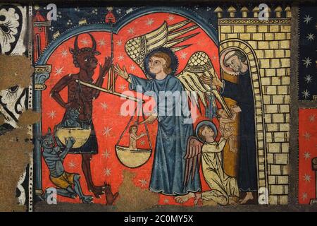 Archangel Michael with the Devil weighing the souls depicted in the Gothic tablet dated from the end of the 13th century painted by Master of Soriguerola (Mestre de Soriguerola) originally from the parish church of Sant Miquel de Soriguerola in the village of Fontanals de Cerdanya (Baixa Cerdanya) in Girona province in Catalonia, Spain, now on display in the National Art Museum of Catalonia (Museu Nacional d'Art de Catalunya) in Barcelona, Catalonia, Spain. Stock Photo