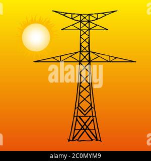 Silhouette of high voltage power lines on orange background. Vector illustration. Stock Vector