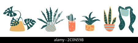 Set of funny vector houseplant in line Stock Vector