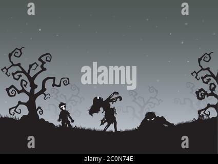 Halloween night background with zombies in the grass Stock Vector