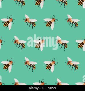 Honey bee vector seamless pattern background. Delicate hand drawn mix of striped insects on teal green backdrop. Garden bug illustration repeat. All Stock Vector