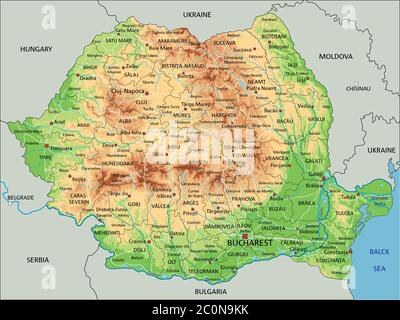 High detailed Romania physical map with labeling. Stock Vector