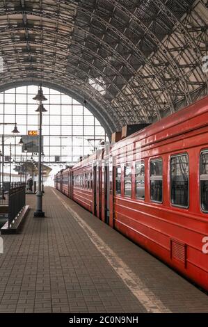 Aeroexpress red Train on Kiyevskaya railway station Stock Photo