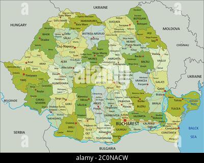 Highly detailed editable political map with separated layers. Romania. Stock Vector