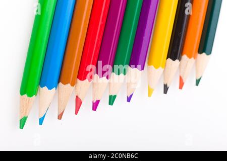 Many different colored pencils on white background Stock Photo