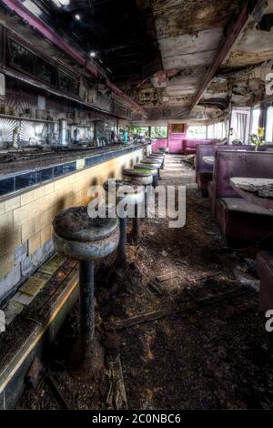 Abandoned retro pink diner Stock Photo