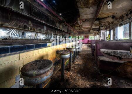 Abandoned retro pink diner Stock Photo