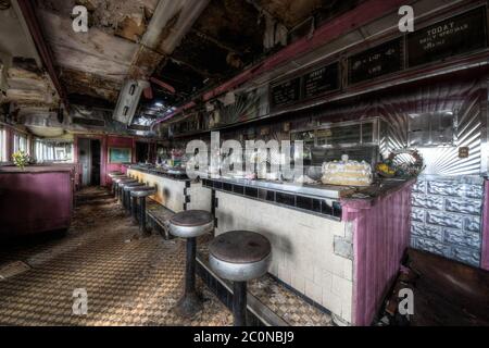 Abandoned retro pink diner Stock Photo