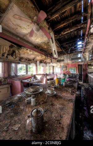 Abandoned retro pink diner Stock Photo