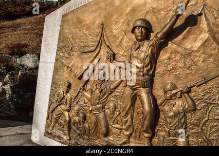 Golden Plaque Korean war memorial in the Demilitarized Zone DMZ in South Korea Stock Photo