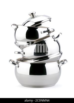 Group of stainless steel kitchenware isolated on white Stock Photo