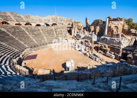 Side Roman Theatre at the ancient city of Side in Antalya region on the Mediterranean coast of Turkey. Stock Photo