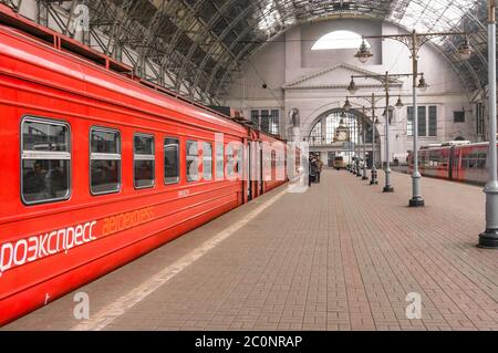 Aeroexpress red Train on Kiyevskaya railway station Stock Photo