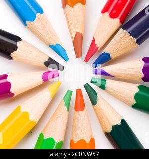 Many different colored pencils on white background Stock Photo